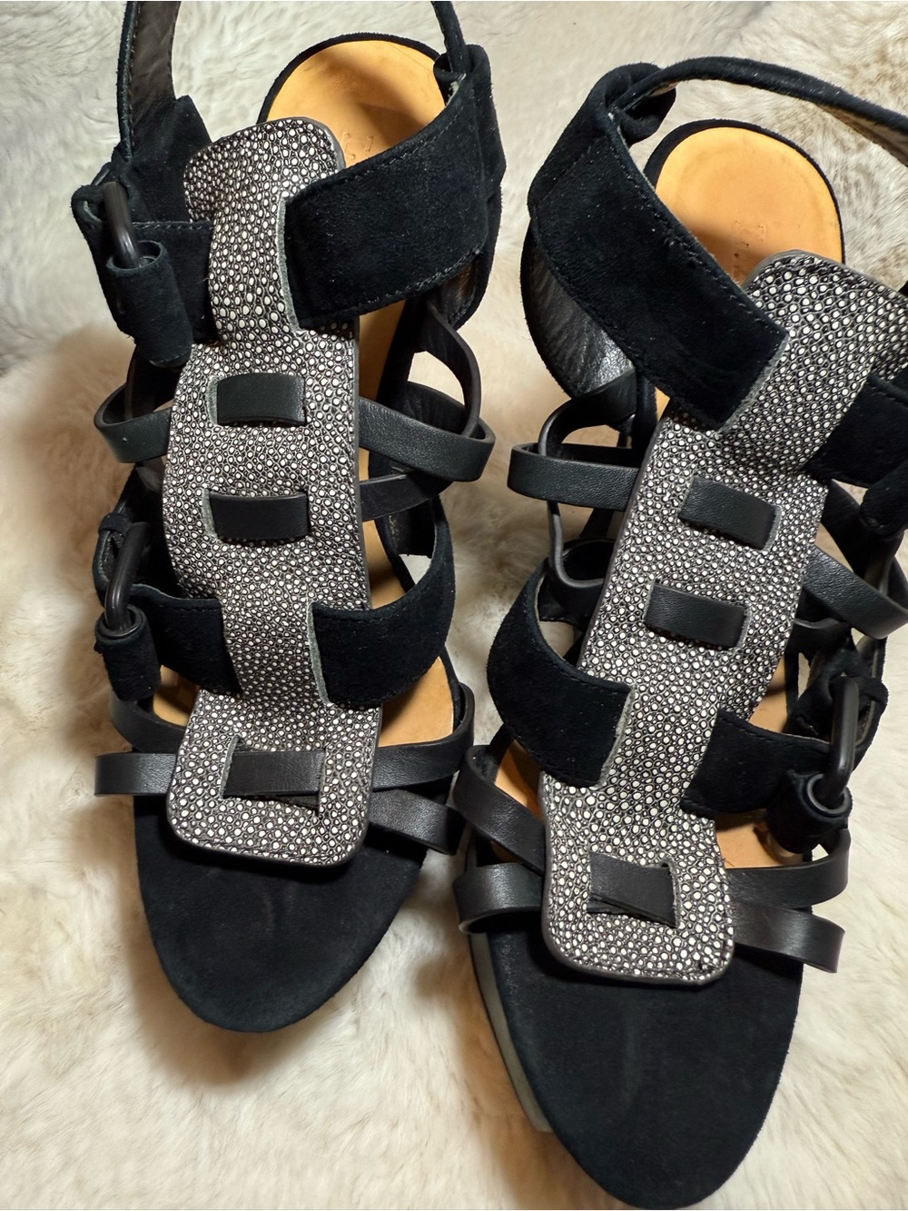 L.A.M.B. Black Suede Wedge Sandals with Crystal-Textured Center Strap